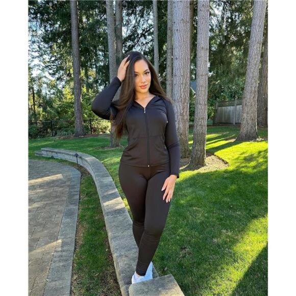 Women Two Piece Outfits Workout Sets Bodycon Tracksuit Long Sleeve Zip Up Hoodie - Picture 4 of 6